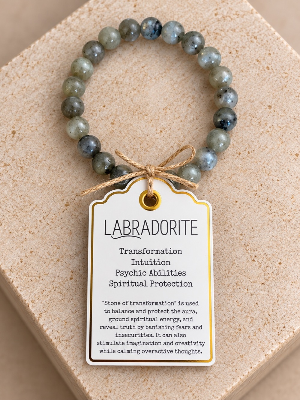 Labradorite Beaded Stretch Bracelet - Natural Green Gemstone